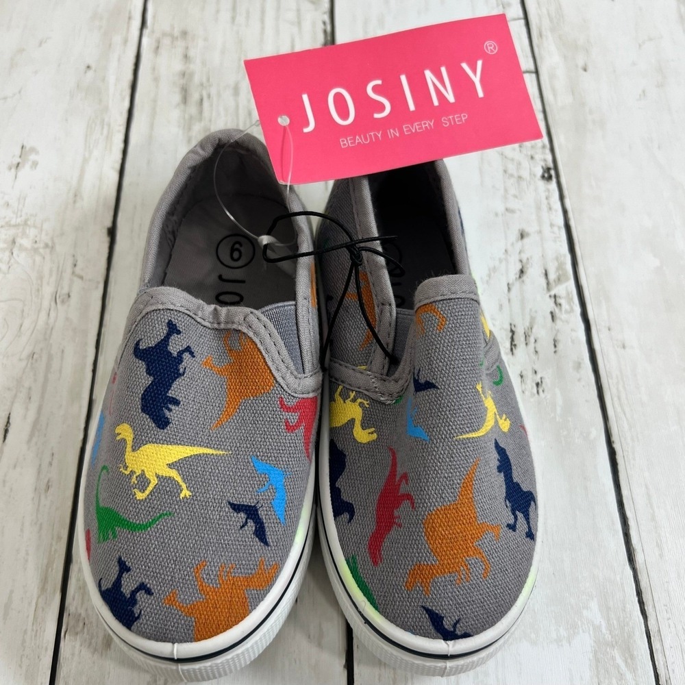 Josiny Kid's NWT Dinosaur Slip-On Sneakers Gray Canvas Size 6